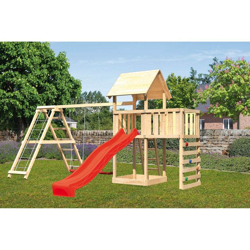 Hölzernes Spielgerät mit Rutsche und Schaukel