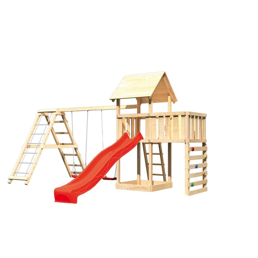 Hölzerner Spielturm mit Rutsche und Schaukel