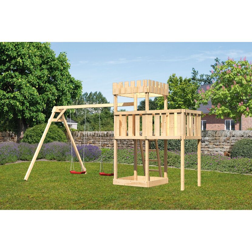 Hölzerner Spielturm mit Schaukel
