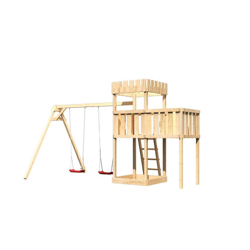 Hölzernes Spielgerät mit Schaukel und Turm