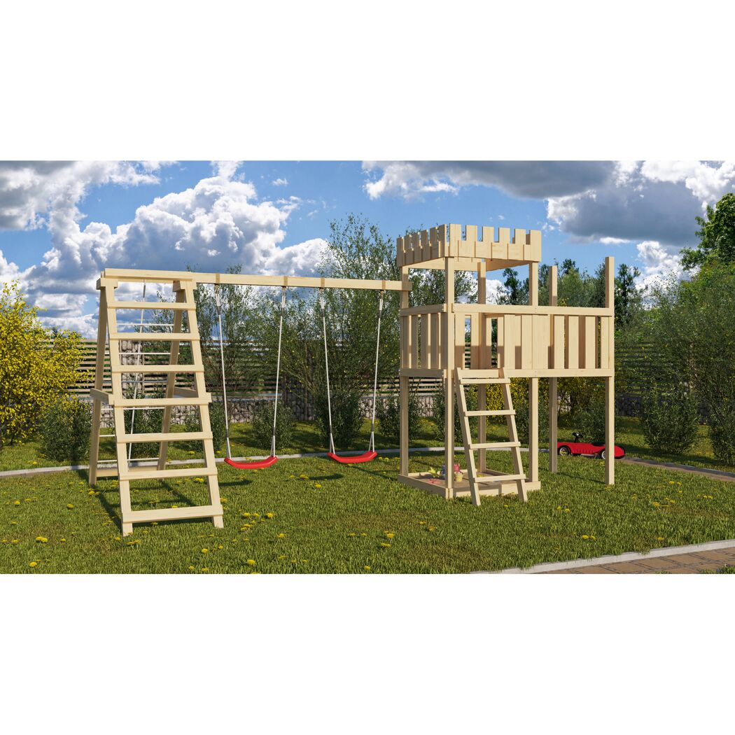 Hölzernes Spielgerät mit Schaukel und Turm
