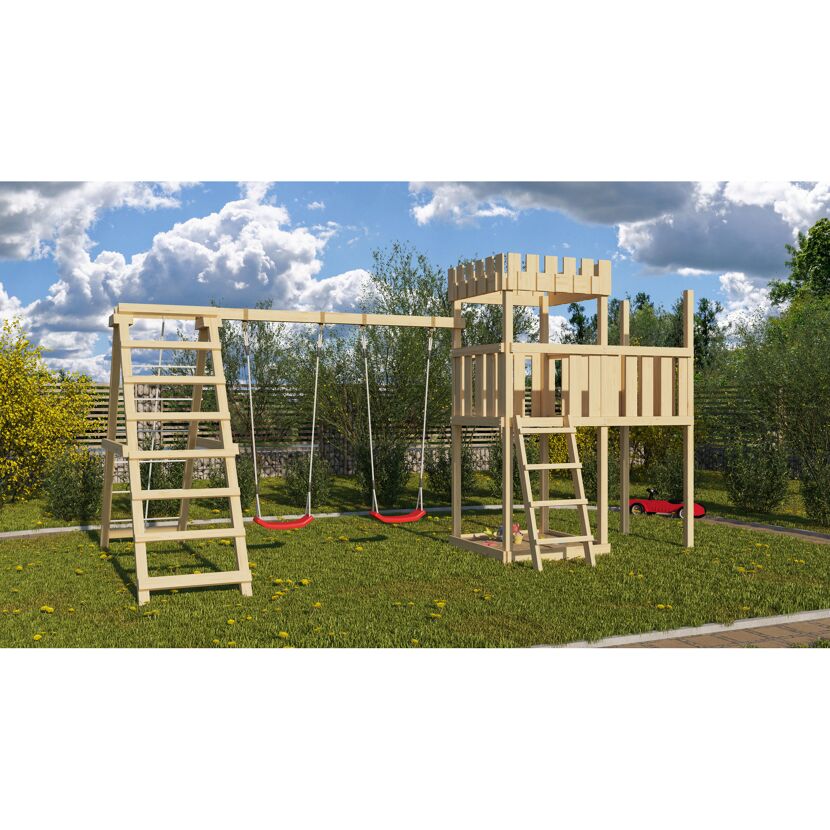 Hölzernes Spielgerät mit Schaukel und Turm