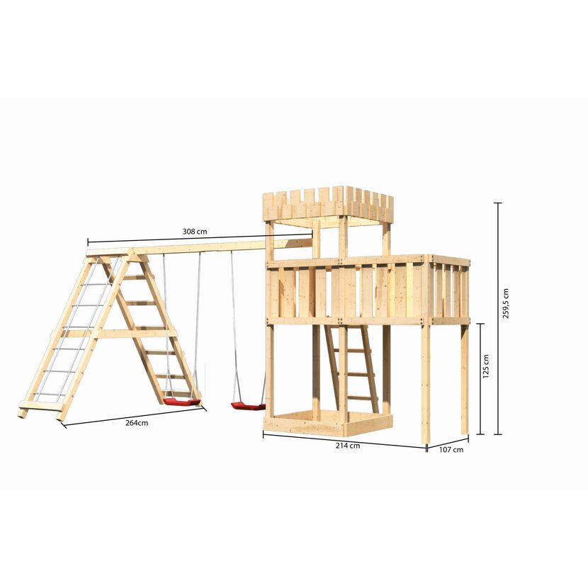 Hölzerner Spielturm mit Schaukel und Leiter