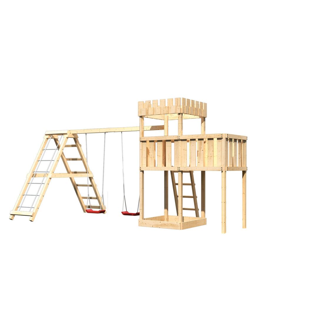 Hölzerner Spielturm mit Schaukel und Leiter