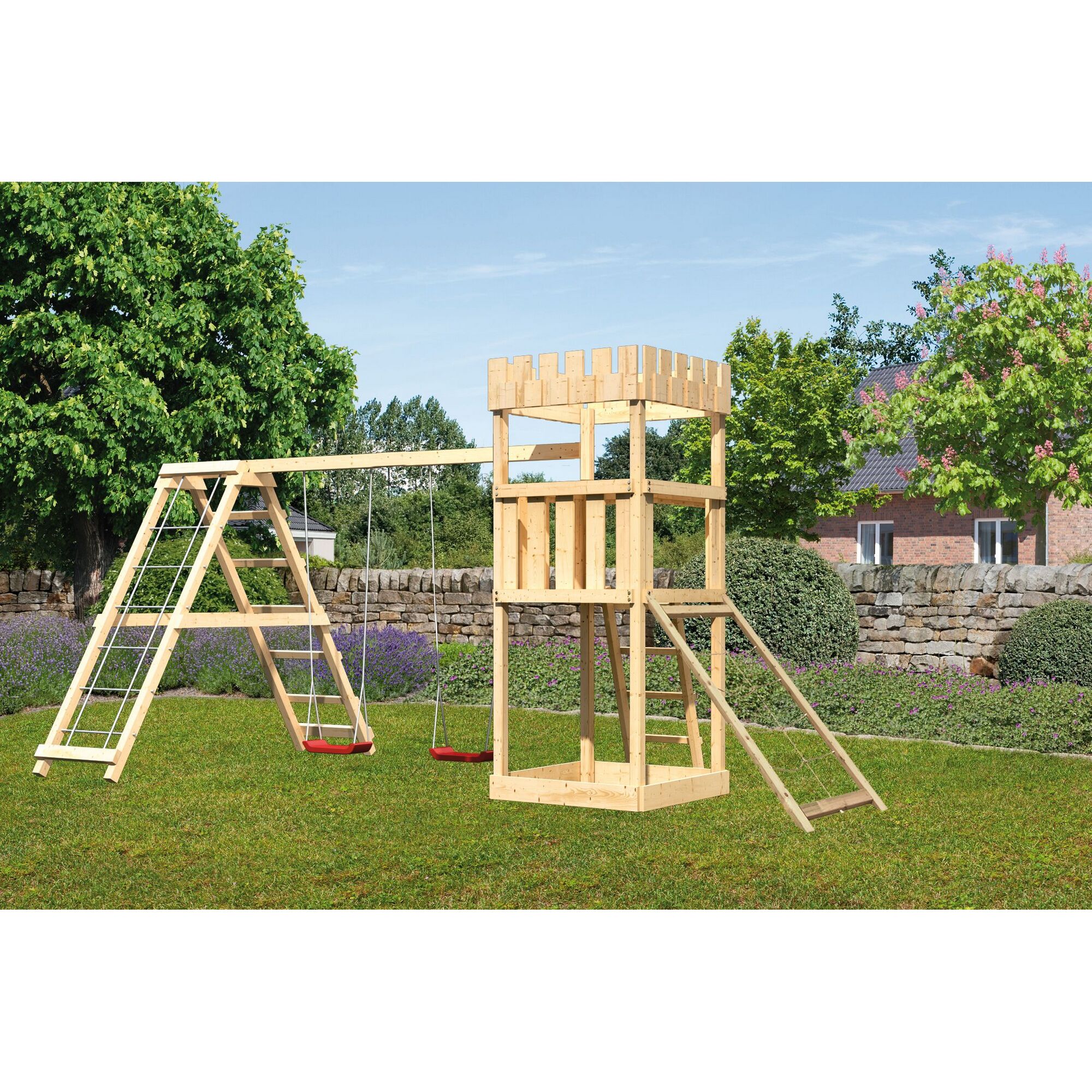 Hölzerner Spielturm mit Schaukel und Rutsche