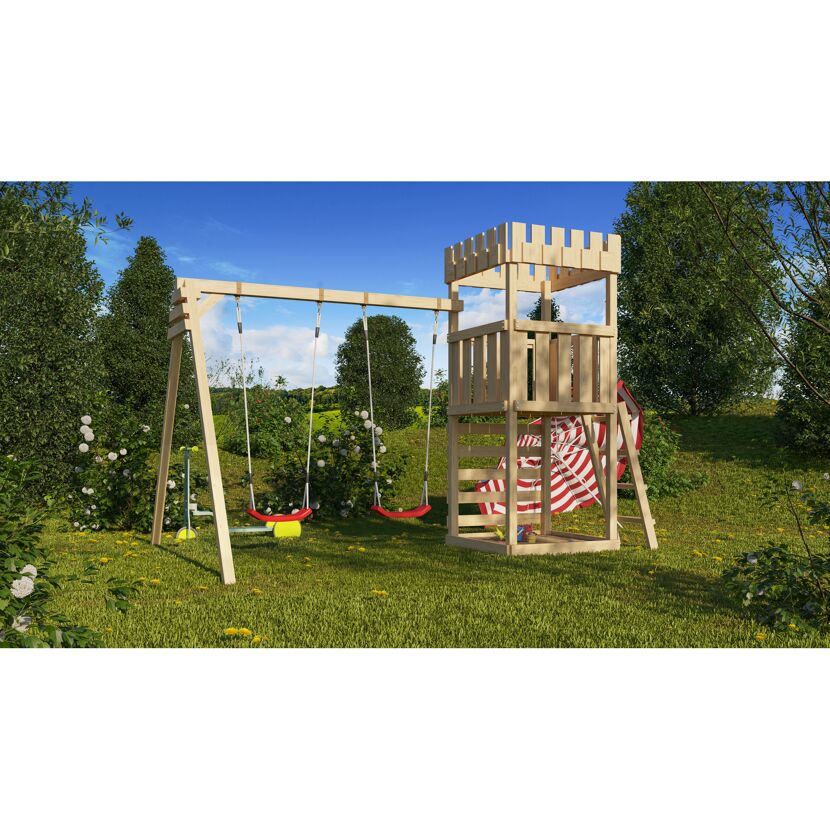 Hölzerner Spielturm mit Schaukel und Rutsche
