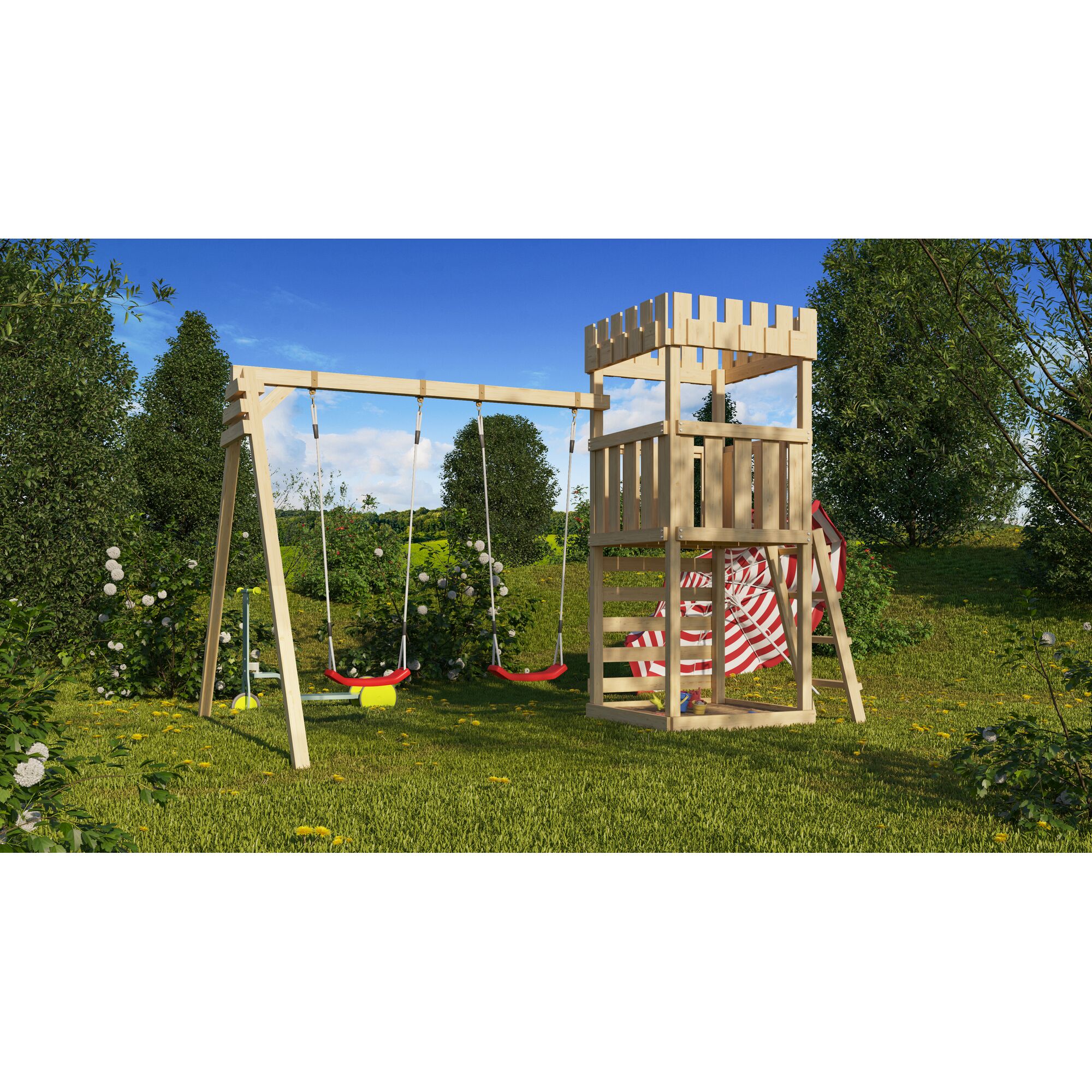 Hölzerner Spielturm mit Schaukel und Rutsche