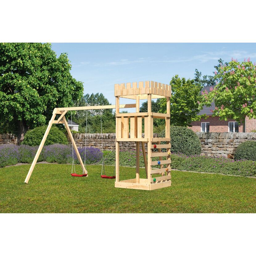 Hölzerner Spielturm mit Schaukel