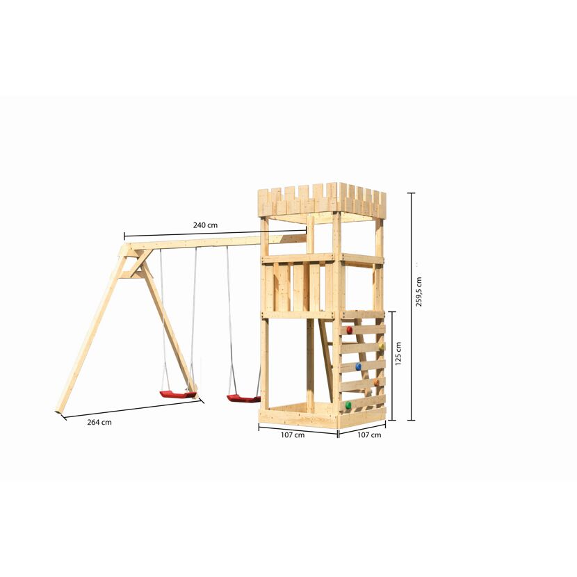 Hölzerner Spielturm mit Schaukel und Kletterwand