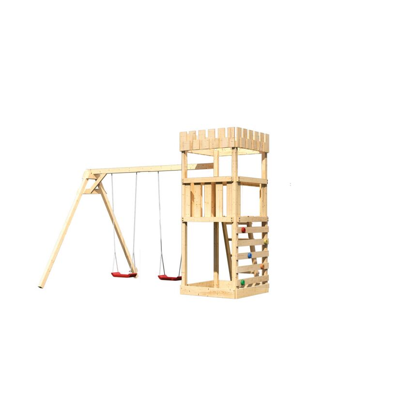 Hölzerner Spielturm mit Schaukel