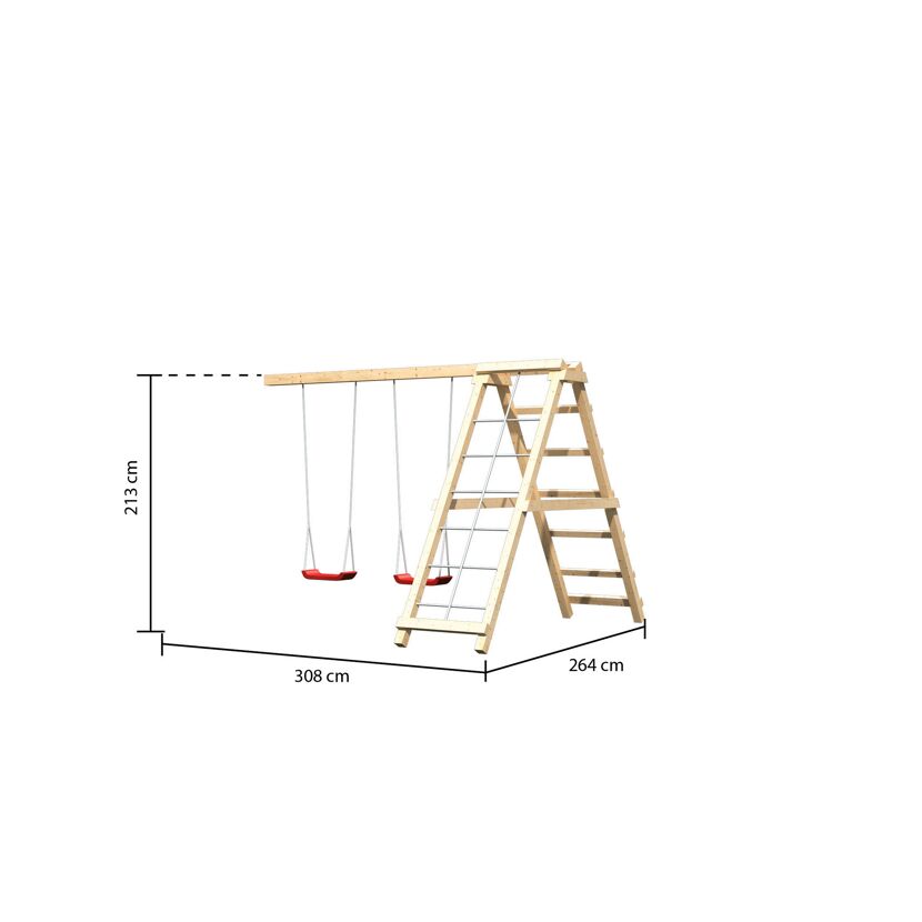 Holzschaukel mit zwei Schaukeln und einer Kletterleiter