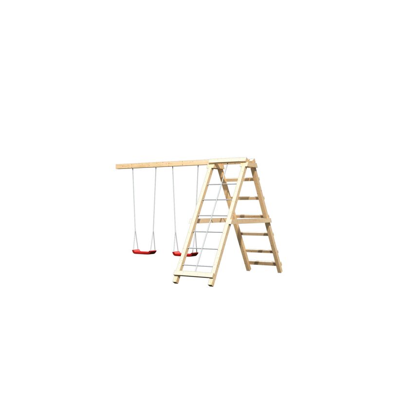 Holzschaukel mit zwei roten Schaukeln und einer Leiter