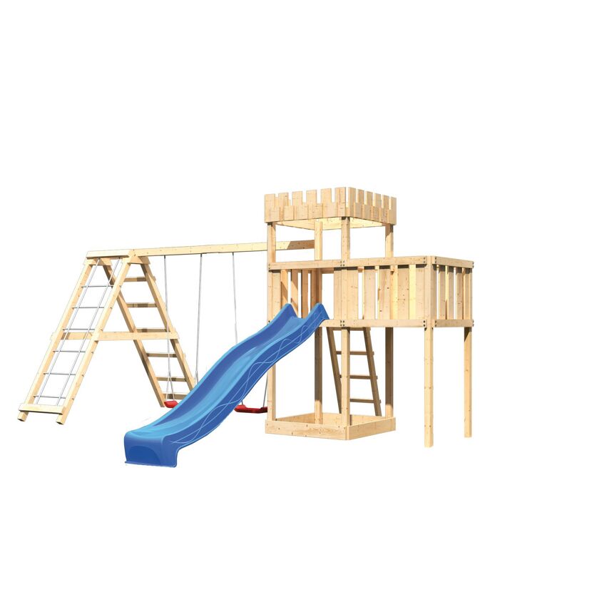 Hölzerner Spielturm mit Rutsche und Schaukel