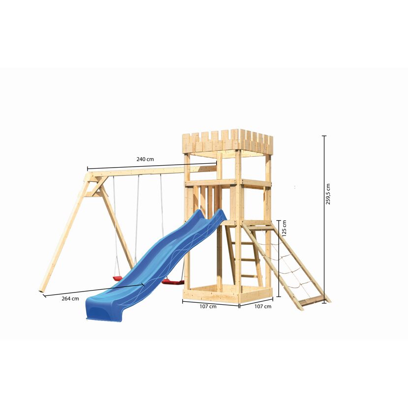 Holzschaukel mit Rutsche und Kletterwand