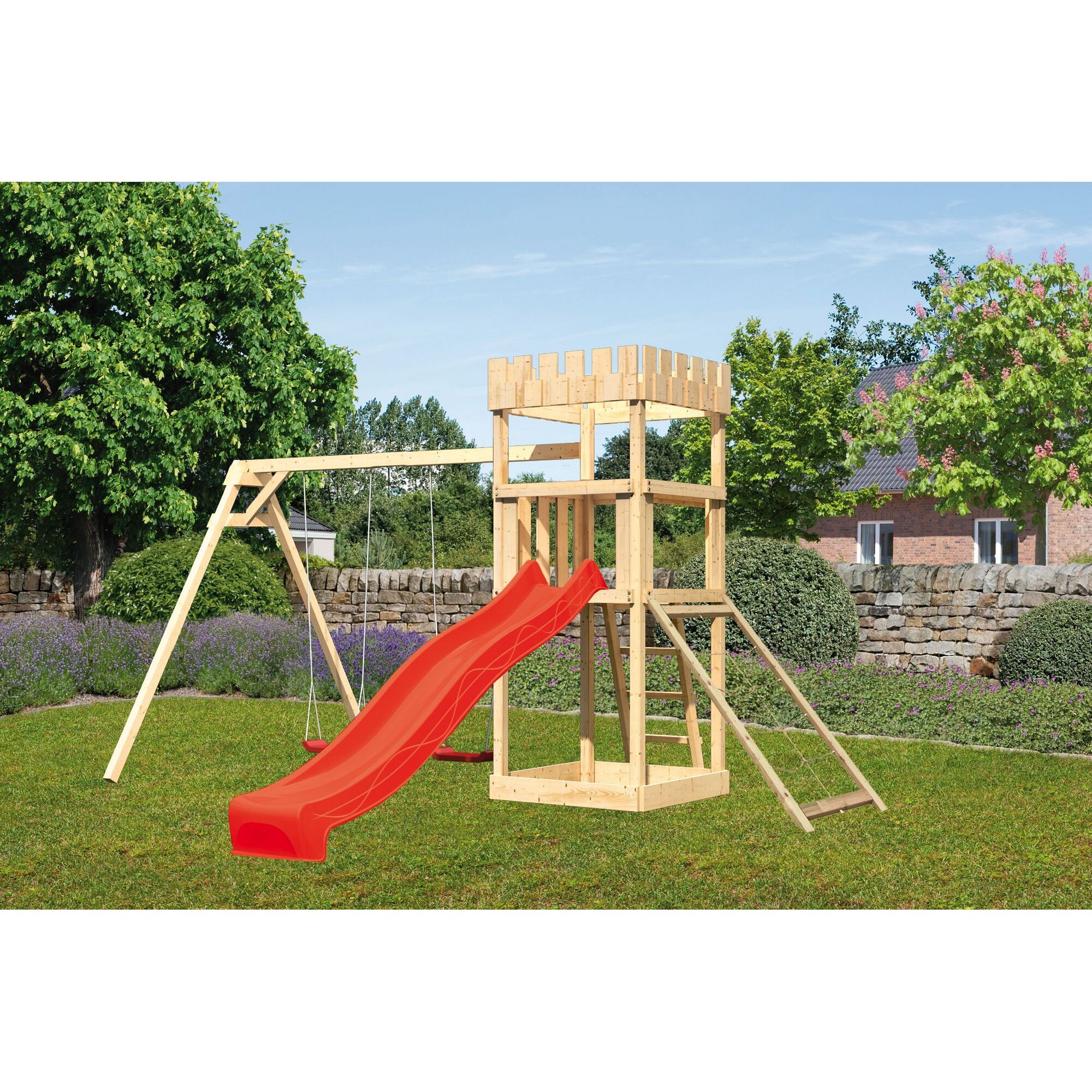 Holzschaukel mit Rutsche