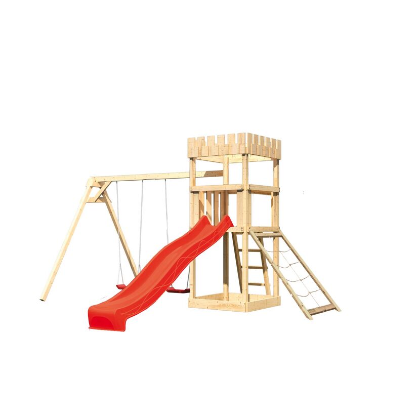 Hölzerner Spielturm mit Rutsche und Schaukel