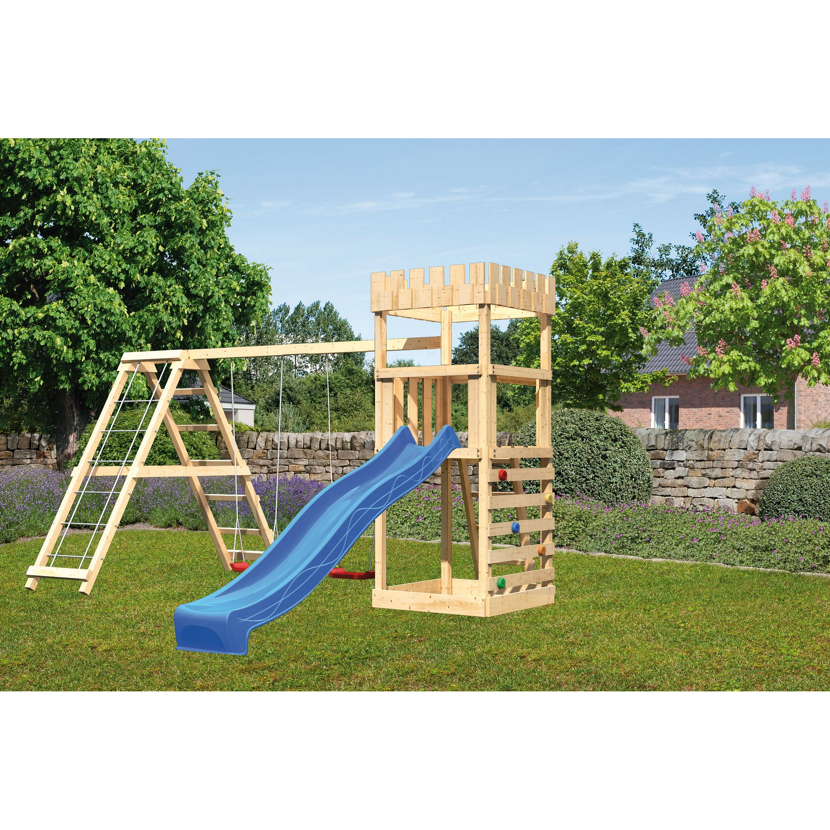 Hölzerner Spielturm mit Rutsche und Schaukel