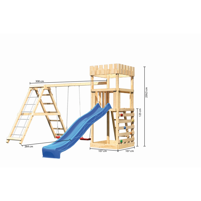 Hölzerner Spielturm mit blauer Rutsche und Kletterwand
