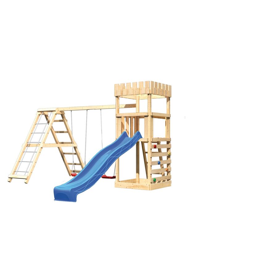 Hölzernes Spielgerüst mit Rutsche und Schaukel