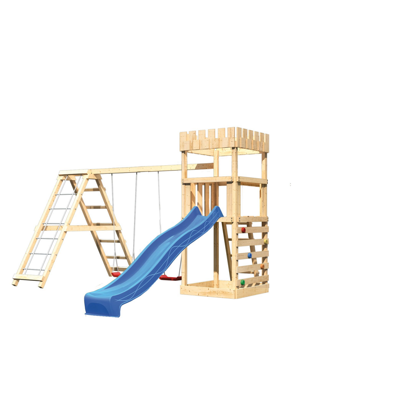 Hölzernes Spielgerüst mit Rutsche und Schaukel