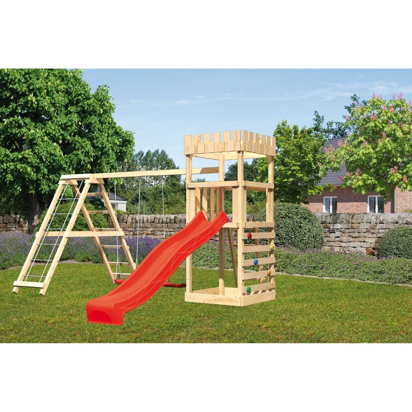 Holzschaukel mit Rutsche