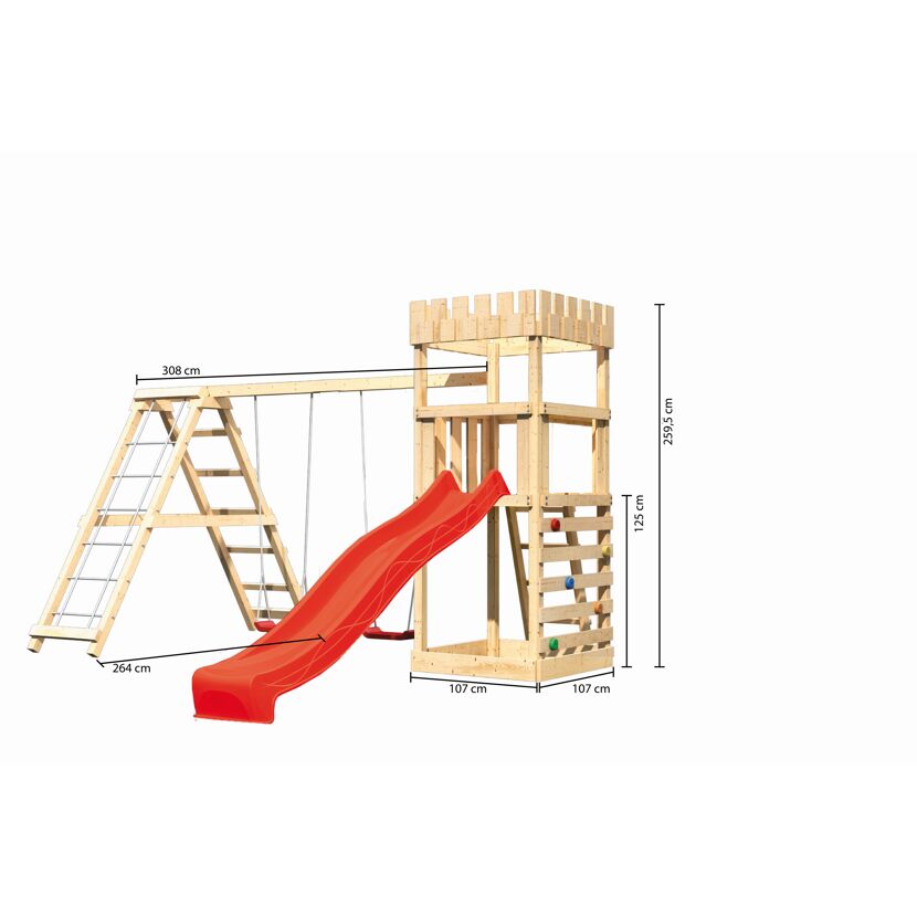 Hölzerner Spielturm mit Schaukel und Rutsche