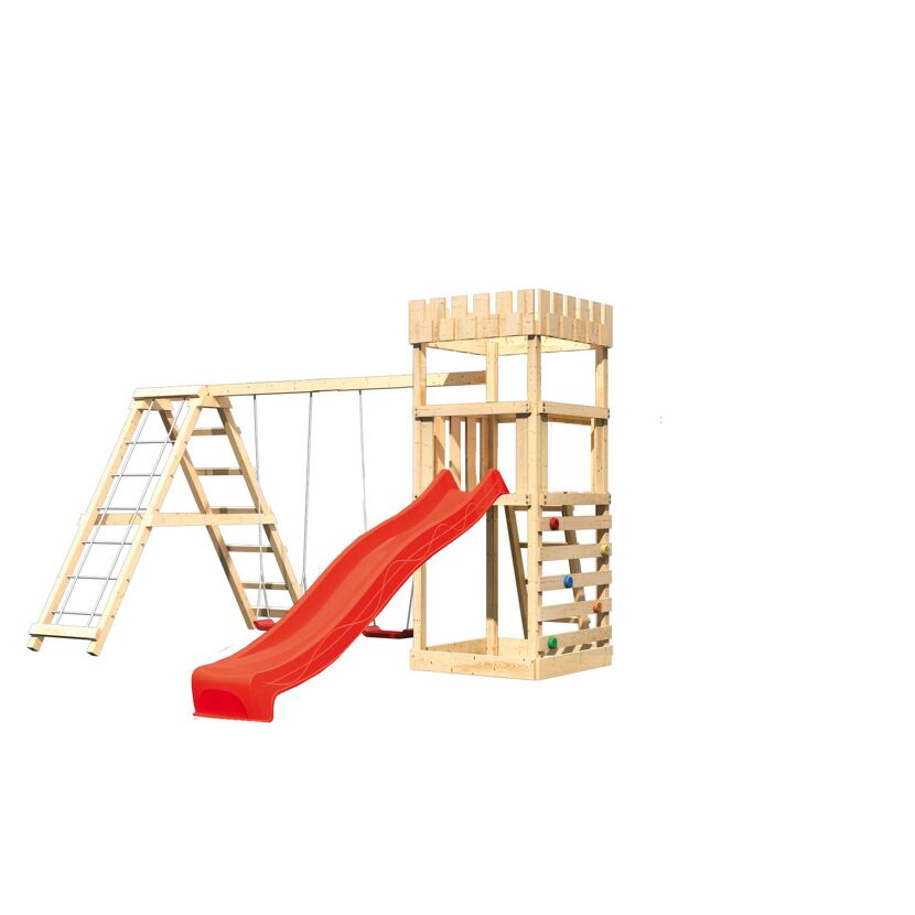 Hölzerner Spielturm mit Rutsche und Schaukel