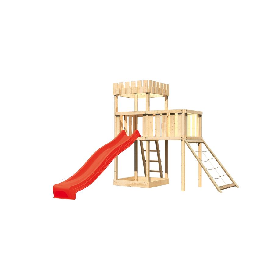 Hölzerner Spielturm mit Rutsche und Kletterwand