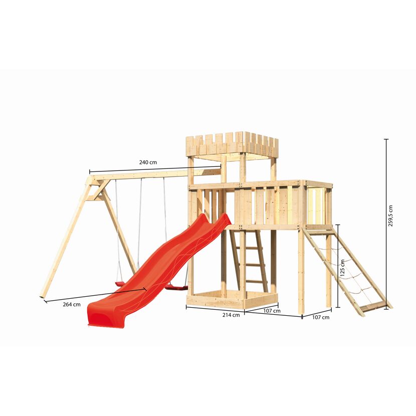 Holzspielturm mit Rutsche und Schaukel