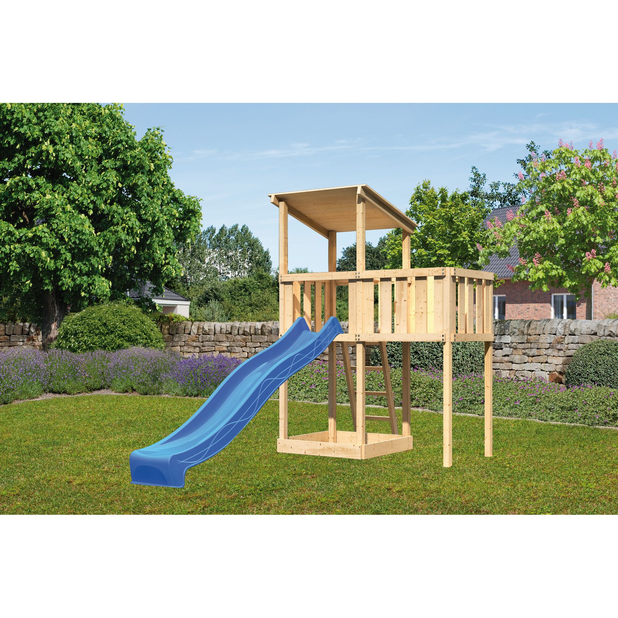 Spielturm mit blauer Rutsche