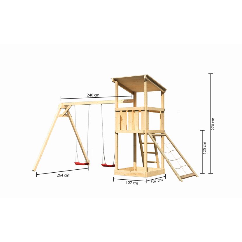 Spielturm aus Holz mit Schaukel und Rutsche