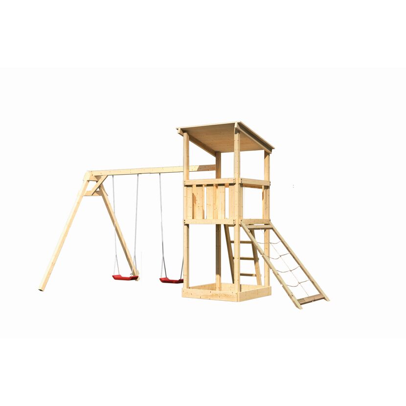 Hölzerner Spielturm mit Schaukel und Kletternetz
