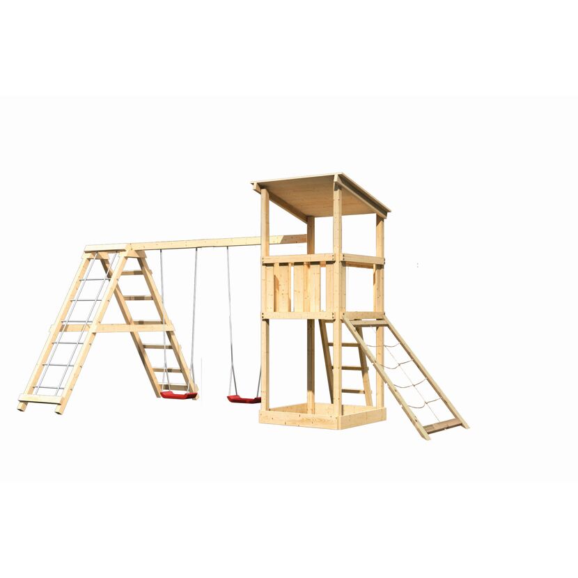 Hölzerner Spielturm mit Schaukel und Leiter