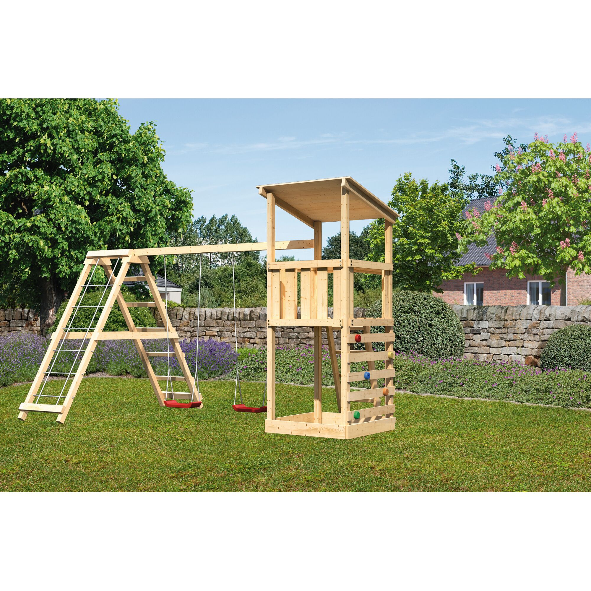 Hölzerner Spielturm mit Schaukel und Kletterwand