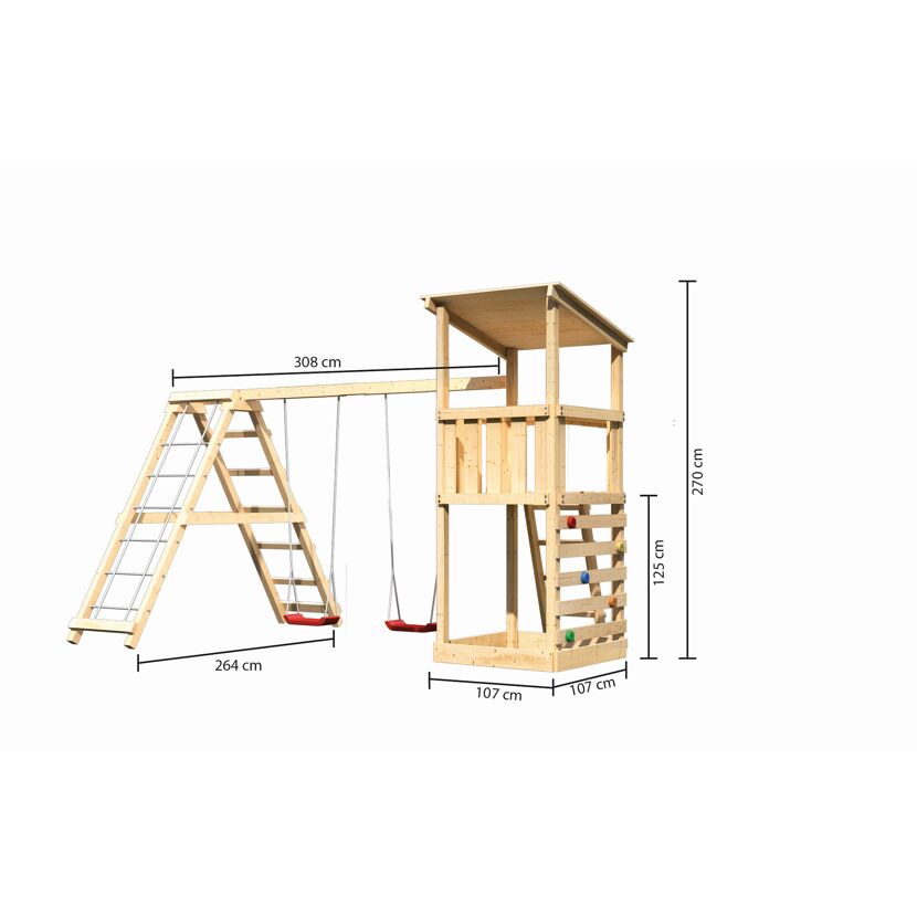 Hölzerner Spielturm mit Schaukel und Leiter.