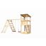 Hölzerner Spielturm mit Schaukel und Kletterwand