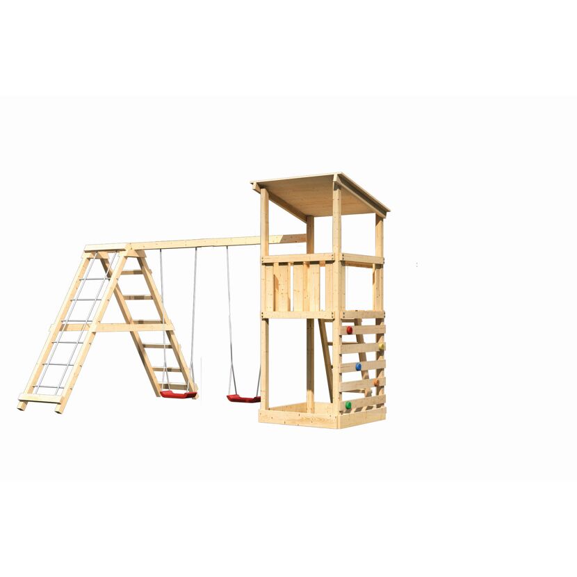 Hölzerner Spielturm mit Schaukel und Kletterwand