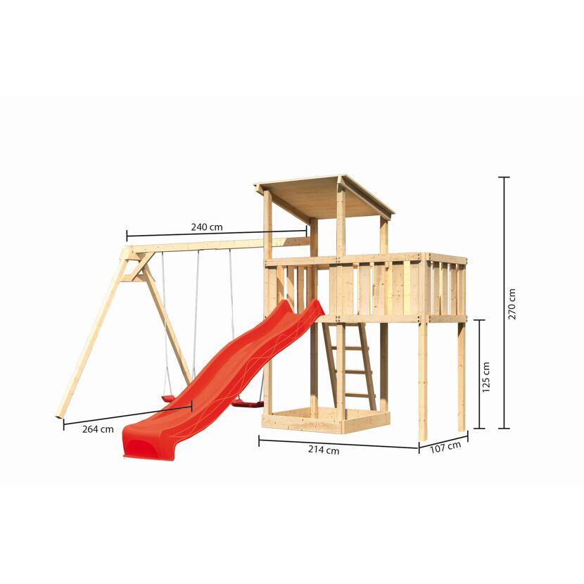 Spielturm aus Holz mit Rutsche und Schaukel