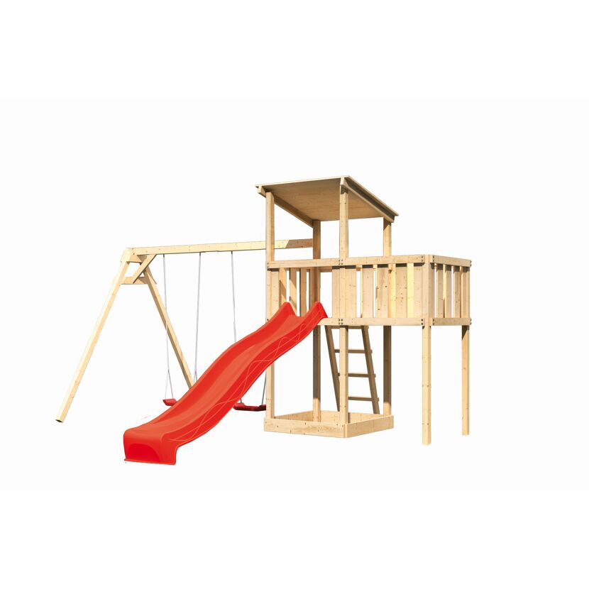 Hölzernes Spielgerät mit Rutsche und Schaukel