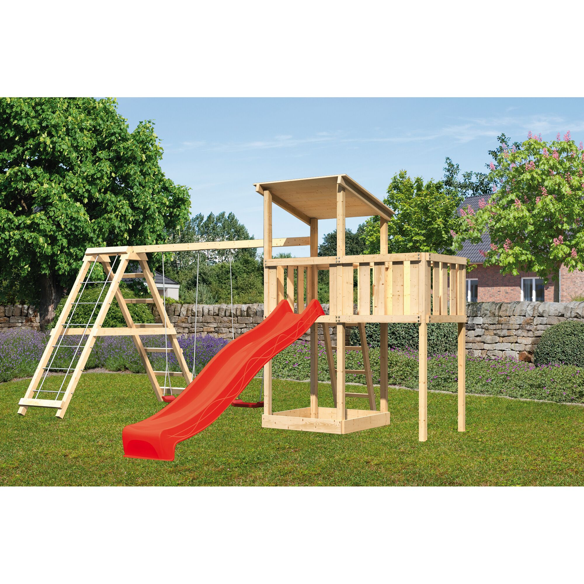 Spielturm mit Rutsche und Schaukel
