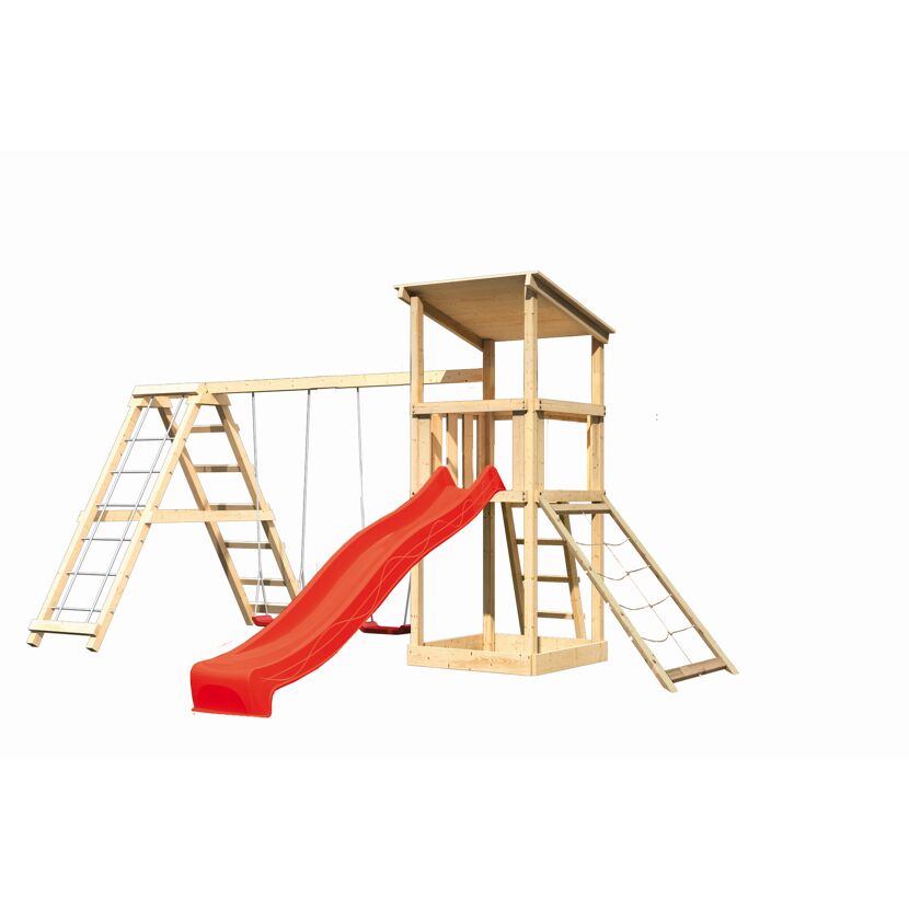 Hölzerner Spielturm mit Rutsche und Schaukel