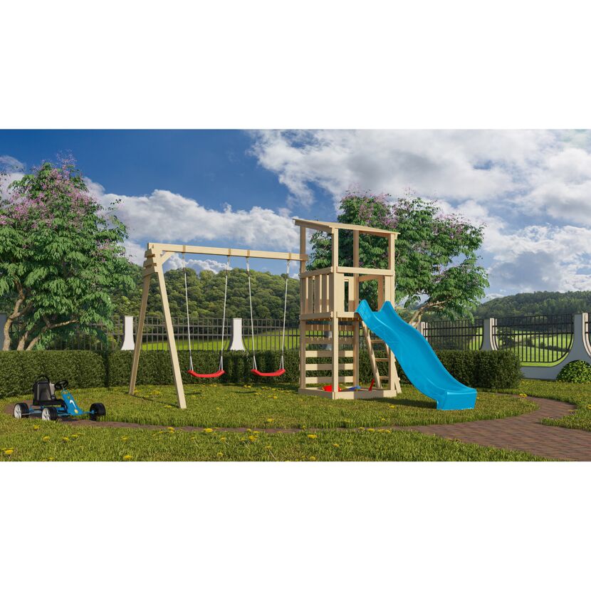 Hölzerner Spielturm mit Schaukel und Rutsche