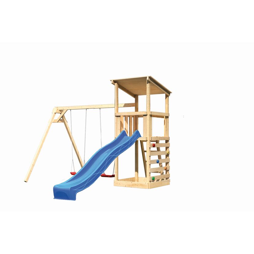 Hölzerner Spielturm mit Schaukel und Rutsche