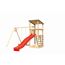 Hölzerner Spielturm mit Schaukel und Rutsche