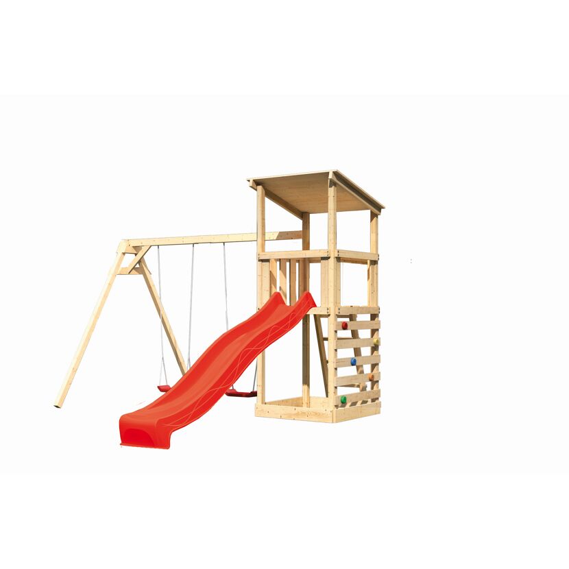 Hölzerner Spielturm mit Schaukel und Rutsche