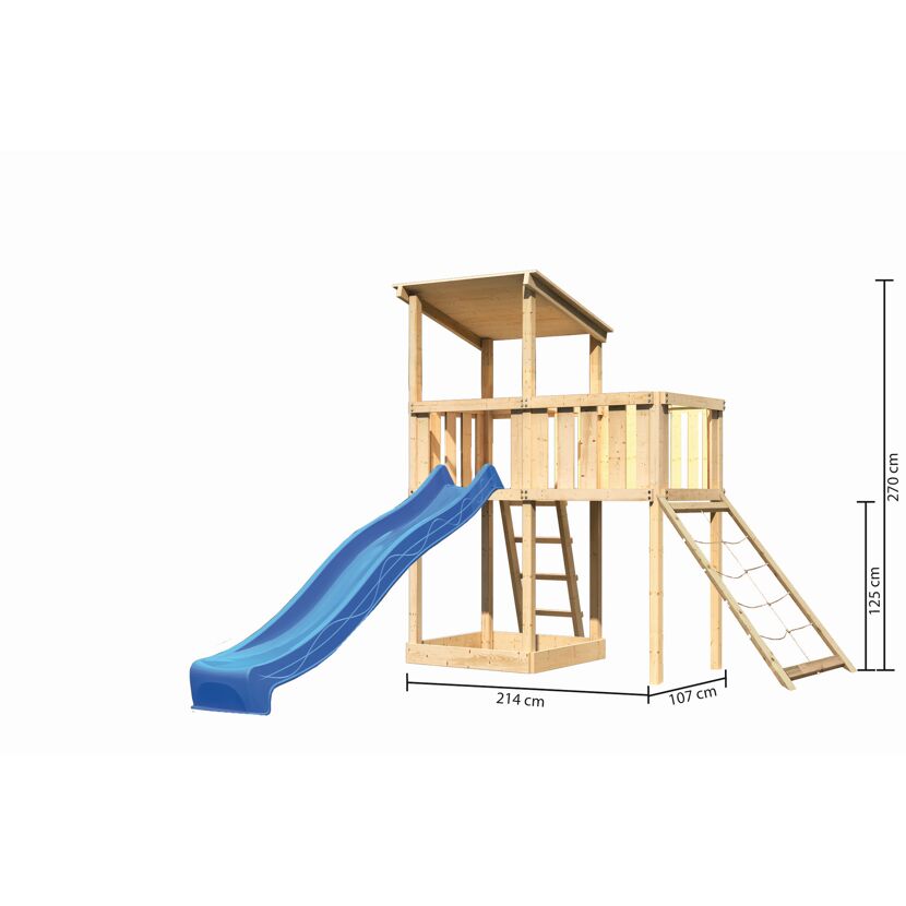 Hölzerner Spielturm mit Rutsche und Kletterwand