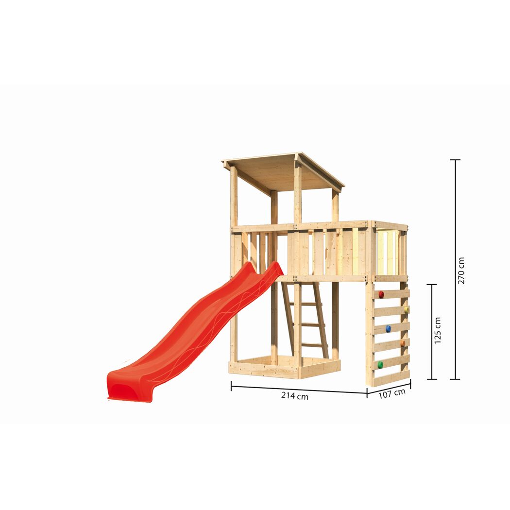 Hölzernes Spielhaus mit Rutsche und Kletterwand