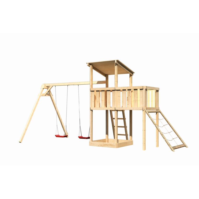 Hölzernes Spielgerät mit Schaukel und Rutsche