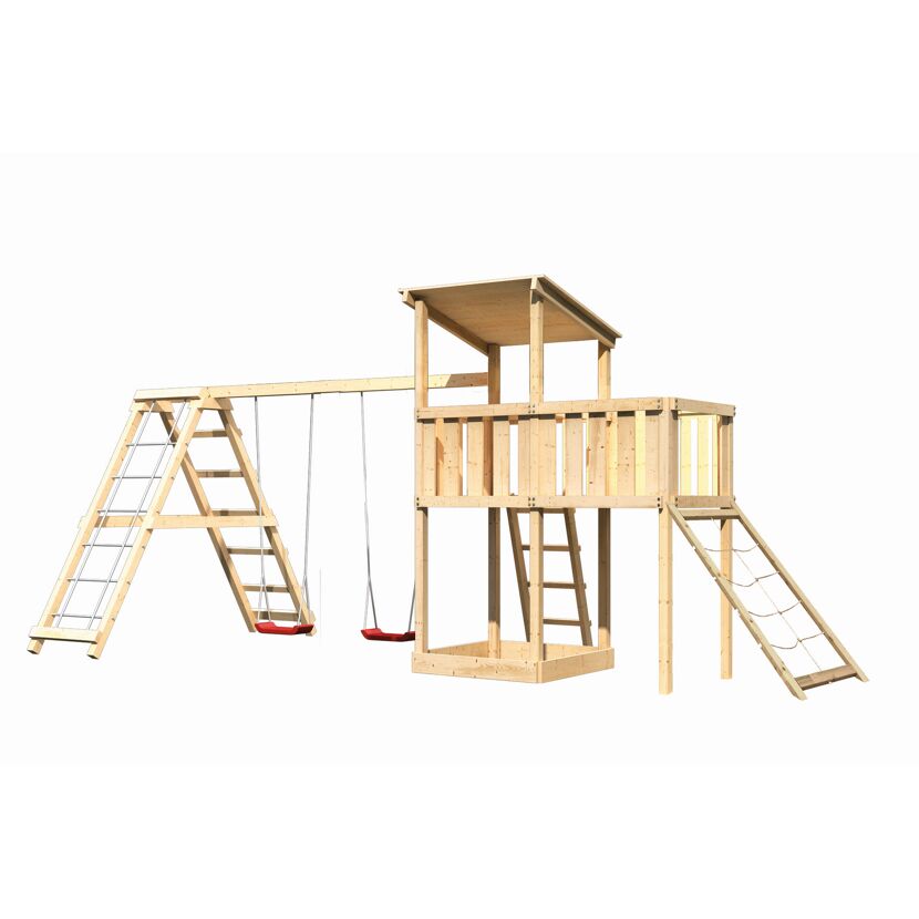 Hölzerner Spielturm mit Schaukel und Rutsche