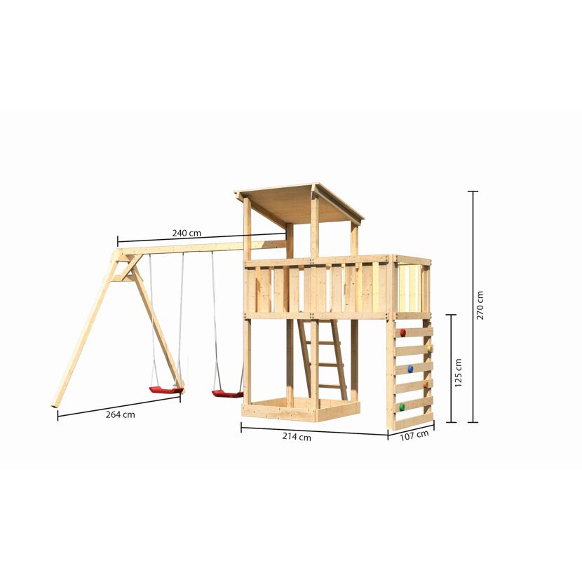 Hölzerner Spielturm mit Schaukel und Kletterwand